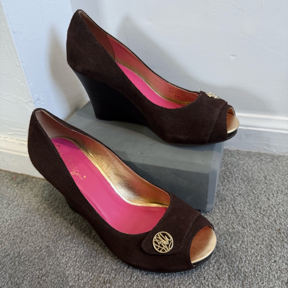 Lilly Pulitzer Suede Peep-Toe Wedge Heels Brown